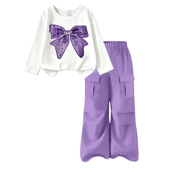 Girls Fall Outfits Set Casual Lightweight Long Sleeve Cute Graphic T Shirts and Cargo Pants Kids Clothes Purple 8