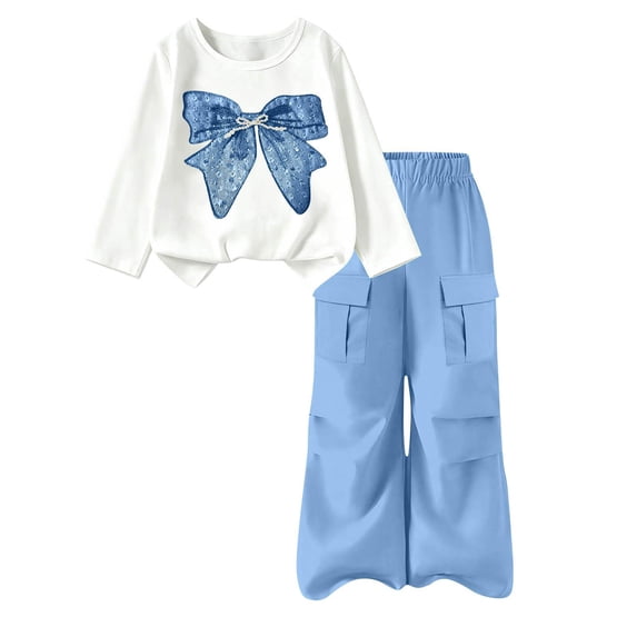 Girls Fall Outfits Set Cute Long Sleeve Lightweight Casual Graphic T Shirts and Cargo Pants Kids Clothes Blue 6-14