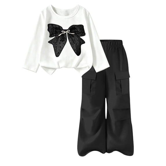 Girls Fall Outfits Set Lightweight Casual Cute Long Sleeve Graphic T Shirts and Cargo Pants Kids Clothes Black 10