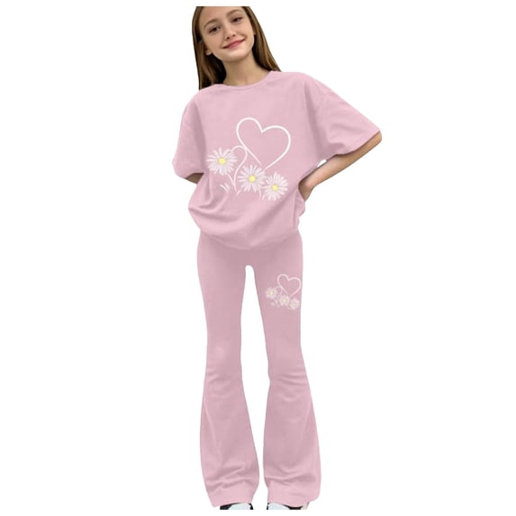 Girls Fall Outfits for School Girls Clothes Cute Print Short Sleeve Print Tops Flared Pants Set Tween Girl Outfits Size 7-14