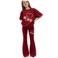 thumbnail image 1 of Girls Fall Outfits for School Girls Summer Clothes 2 Piece Short Sleeve Heart Print Tops Flared Flare Pants Set Cute Preppy Holiday Vacation Outfits, 1 of 4
