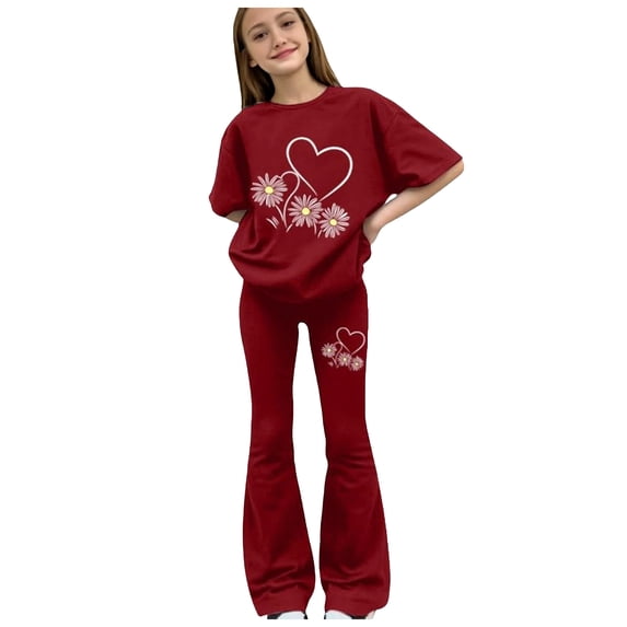 Girls Fall Outfits for School Girls Summer Clothes 2 Piece Short Sleeve Heart Print Tops Flared Flare Pants Set Cute Preppy Holiday Vacation Outfits