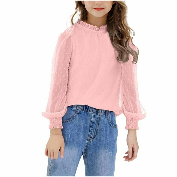Girls Fall Puff Sleeve Tops Long Sleeve Chiffon Shirt Girl Fashion Ruffle Cuffs Pullover Crew Neck Blouses (Pink 9 Years)