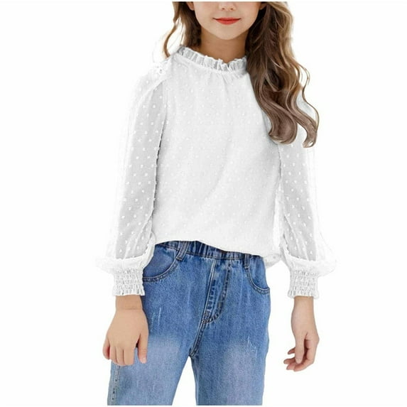 Girls Fall Puff Sleeve Tops Long Sleeve Chiffon Shirt Girl Fashion Ruffle Cuffs Pullover Crew Neck Blouses (White 12 Years)