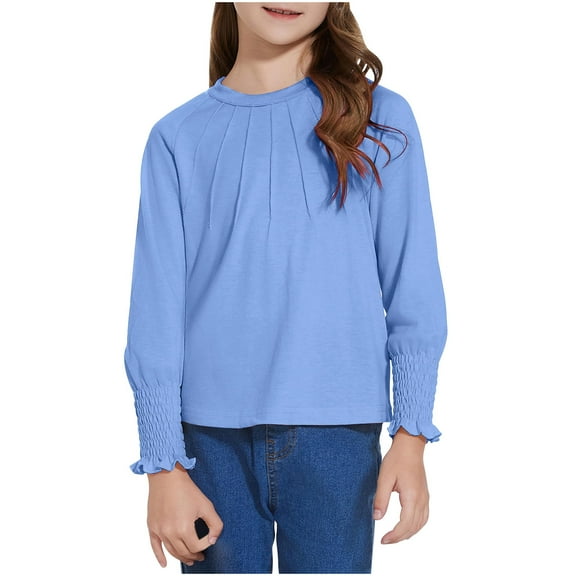 Girls Fall Trendy Tops New Girls Long Sleeve Shirts Casual Loose Tops Pleated Hem Crewneck Soft Pullover Ruffle Cuffs Blouses Light Blue 150