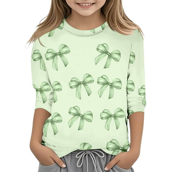 Girls Fall Tshirts Bowknot Print 3/4 Sleeve Round Neck Comfortable Mint Green Casual Fall Tops for 5-6 Years