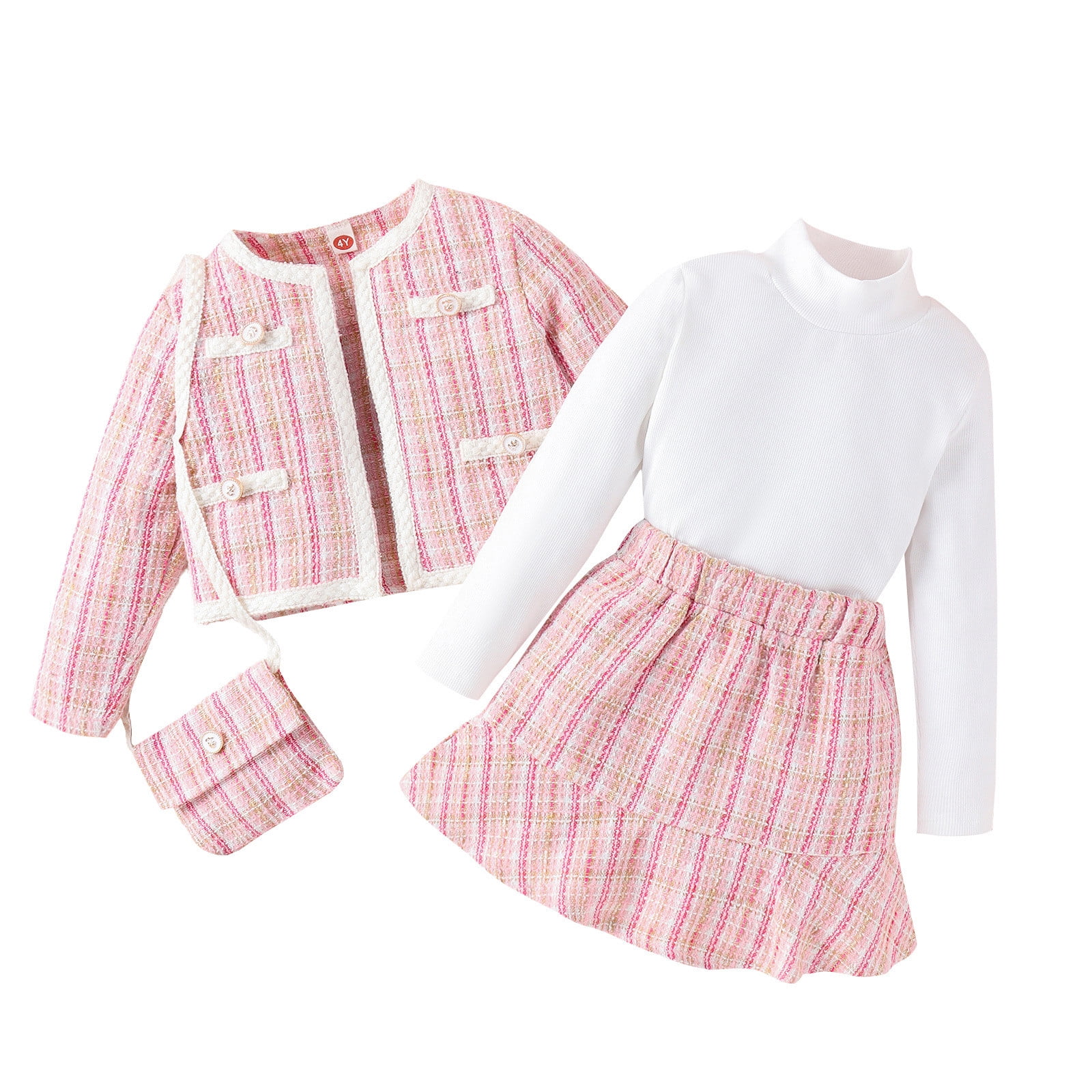 Girls' Fall/Winter Clothing Sets Toddler Spring Winter Long Sleeve Plaid Coat Tops Skirt Bag 4PCS Outfits Clothes Set, Girl Outfits(Size:4-5 Years)