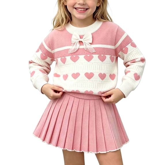 Girls Fall Winter Cute Knitted Bow Set Long Sleeves Pullover Sweater and Knitted Scalloped Pleated Short Skirt 2 Pieces Pink 3-4 Years