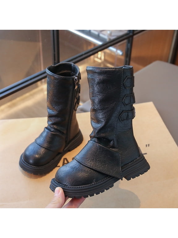 Girls Fall Winter Fleece Lined Mid-Calf Leather Boots, Long Barrel Princess Style Soft Sole Warm Fashion Daily Matching Dress Boots Black 9.5