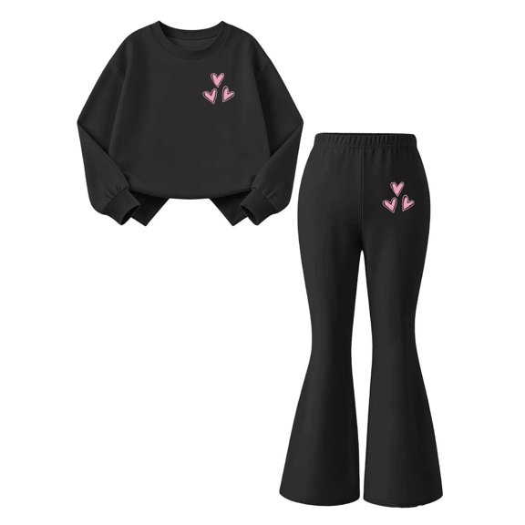 Girls Fall Winter Outfits 2 Piece Cute Print Thicken Warm Fashion Clothes Crew Neck Long Sleeve Tops Flared Pants (14-15Years, Black|Heart-C)