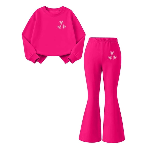 Girls Fall Winter Outfits 2 Piece Cute Print Thicken Warm Fashion Clothes Crew Neck Long Sleeve Tops Flared Pants (5-6Years, Gray|Heart-C)