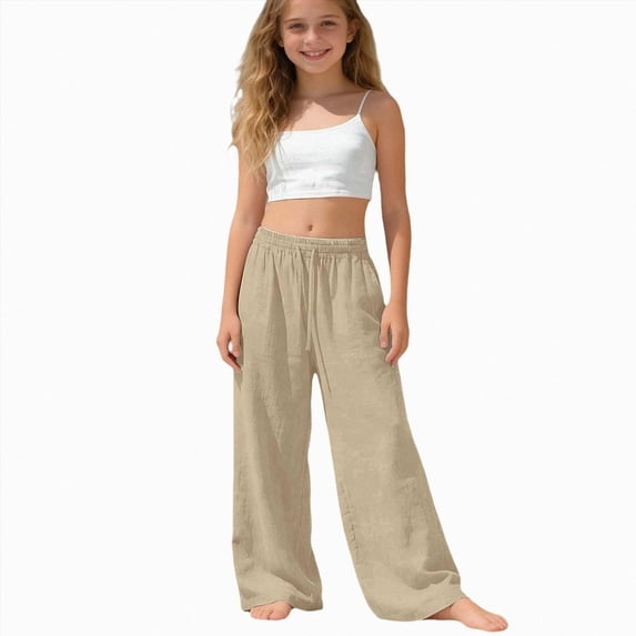 Girls Fall Winter Sweatpants 5t 6t 7t 8t 9t Kids Drawstring Elastic Waist Wide Leg Trousers With Pockets for Tween Girls Khaki,12-13 Years
