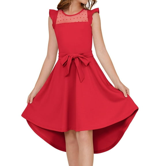 Girls Fancy Dress, Ruffled Mesh Sleeves with Belt and Pocket Detail, Perfect Dress for Spring Pictures, Tea Party & Flower Girl,Red,160