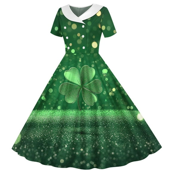 Girls Fancy Dress Short Sleeves Crew Neck A-Line Dress St Patricks Day Retro Vintage Green Swing Dress Four Leaf Clover Pattern Costume Dancing Dress Navy 12-13 Years