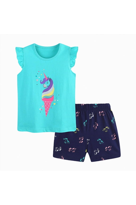 Girls Fantasy Outfit Ice Cream Unicorn Print Ruffle Top Shorts Cute Cartoon Set 5-6 Years