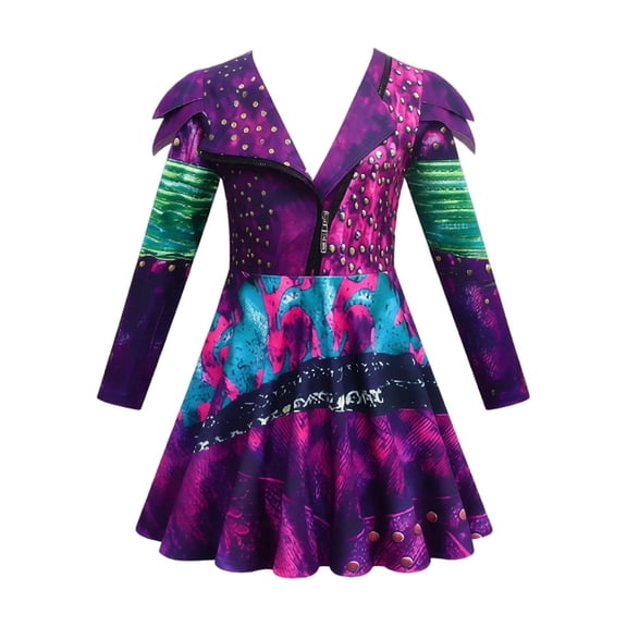Girls Fantasy Villain Costume Dress Printed Moto Jacket Style Long Sleeve Halloween Party Dress for Kids