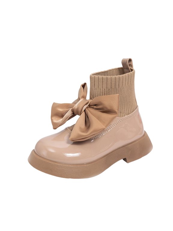 Girls Fashion Booties With 3D Bow Decor Stretchy Elastic Top Slip On Chunky Platform Sole Warm Ankle Boots For Little Toddler Girls Daily