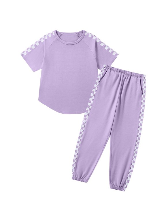 Girls Fashion Checkered 2 Piece Clothing Sets Short Sleeve Pullover T-shirts and Jogger Pants Summer Casual Outfits Purple
