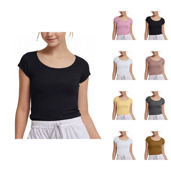 Girls Fashion Crop Tops Short Sleeve Shirt Summer Square Neck Slim Fit Tops Basic Tee for Girls Modern Stylish Childrens Apparel