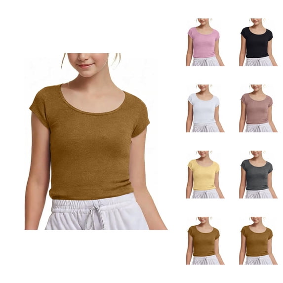 Girls Fashion Crop Tops Short Sleeve Shirt Summer Square Neck Slim Fit Tops Basic Tee for Girls Modern Stylish Childrens Apparel