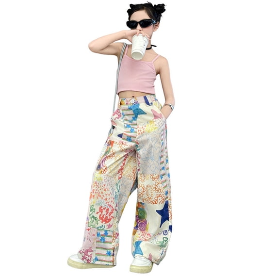 MEZZALL Girls Fashion Cute Pants Doodle Pants Elastic Waist Wide Leg Jeans Loose Casual Pants With Pockets Soft Dailywear 10-11 Years