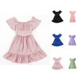 thumbnail image 1 of Girls Fashion Dress Off Shoulder Short Sleeve Princess Dress Solid Color Waist Cinched Sundress with Ruffle Hem Summer Casual and Vacation Outfit for Girl 4-13 Years, 1 of 8