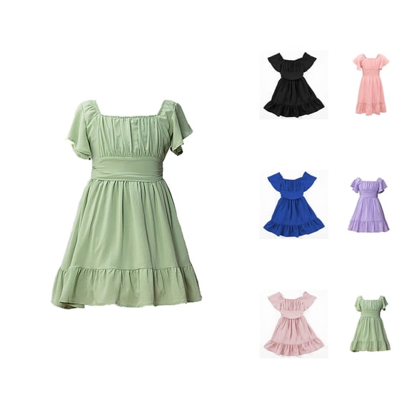Girls Fashion Dress Off Shoulder Short Sleeve Princess Dress Solid Color Waist Cinched Sundress with Ruffle Hem Summer Casual and Vacation Outfit for Girl 4-13 Years