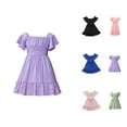 thumbnail image 1 of Girls Fashion Dress Off Shoulder Short Sleeve Princess Dress Solid Color Waist Cinched Sundress with Ruffle Hem Summer Casual and Vacation Outfit for Girl 4-13 Years, 1 of 8