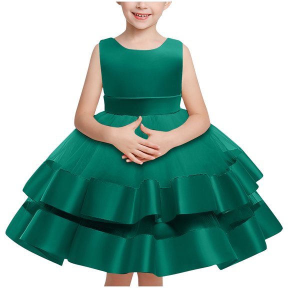 Girls Fashion Dresses 5T Low V Neck Sleeveless Color Block Dress with Headbands 1-5 Years Old Birthday Party Gown, Green, 1 Years