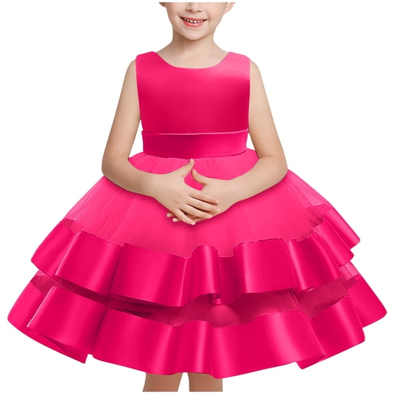 Girls Fashion Dresses 5T Low V Neck Sleeveless Color Block Dress with Headbands 1-5 Years Old Birthday Party Gown, Hot Pink, 5 Years