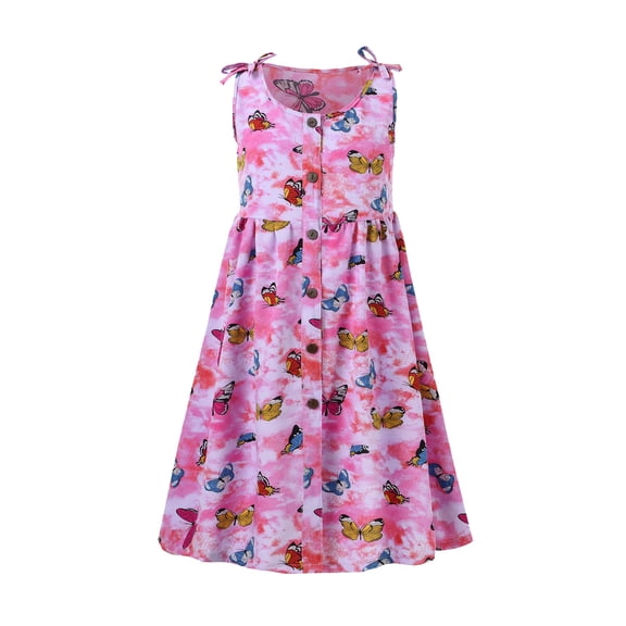 Girls Fashion Dresses Girl Casual Dress Summer Scoop Neck Sleeveless Butterflies Flowy Print Plain Sundress Beach Princess Dress For 10-12 Years