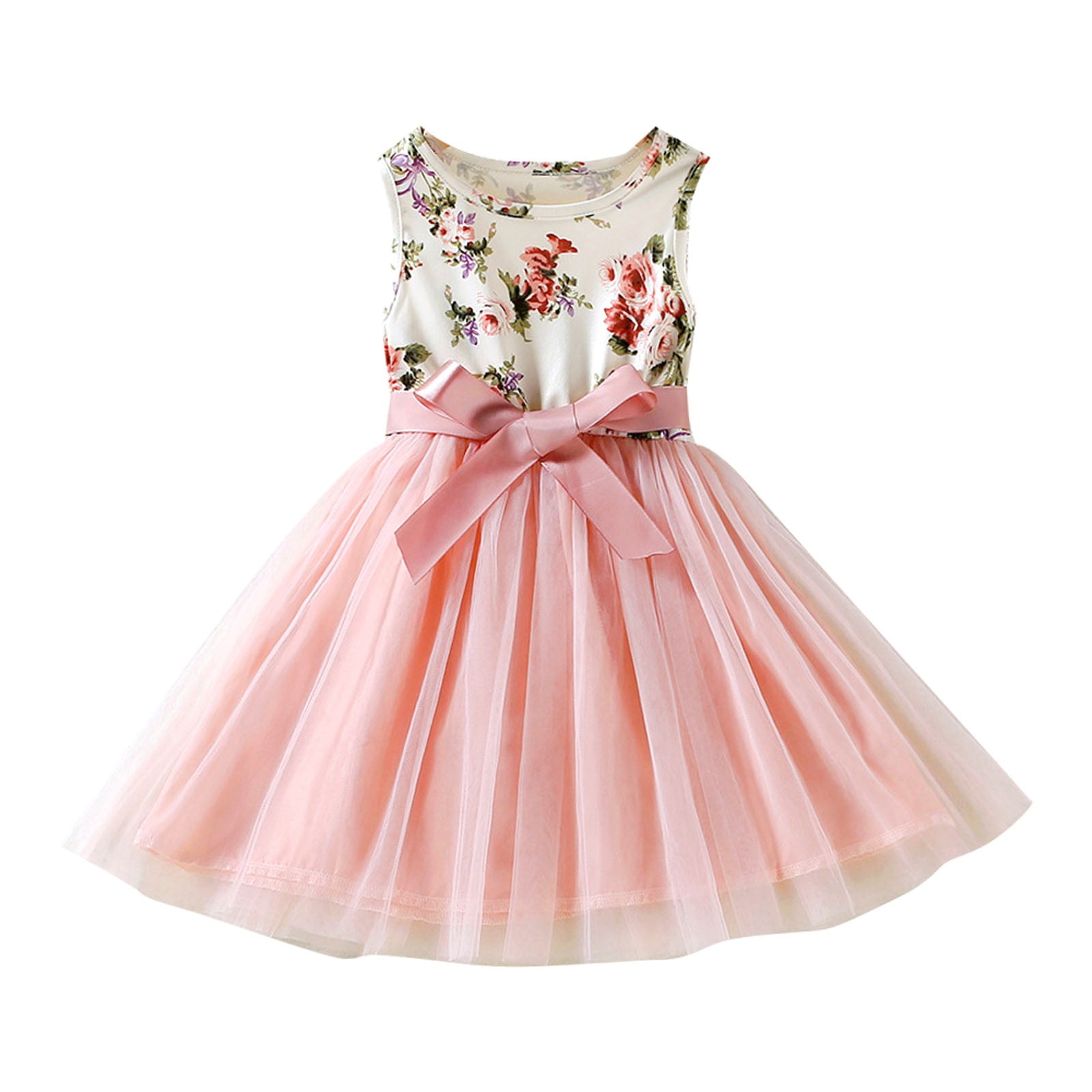 Girls Fashion Dresses Kids Baby Summer Floral Mesh Vest Dress Pink