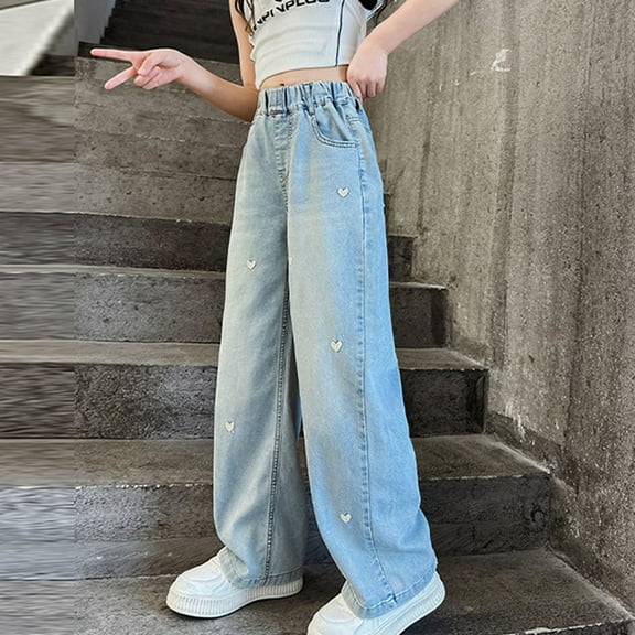 Girls Fashion Embroidered Pants Elastic Waist Wide Leg Jeans Loose Casual Demin Pants with Pockets Kids Jeans 9-10 Years