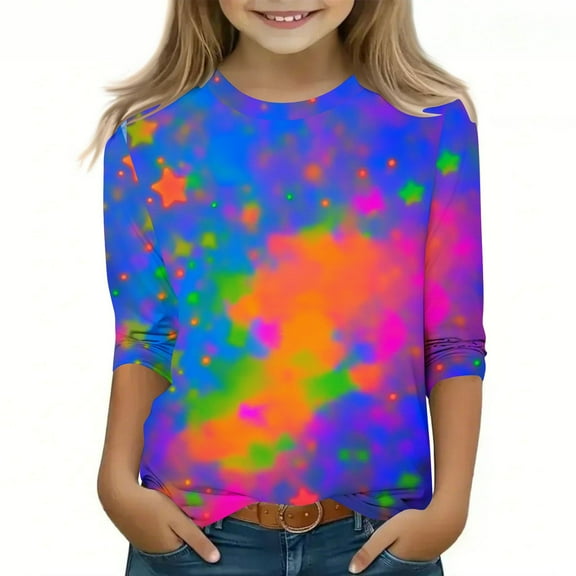 Girls' Fashion Girls 3/4 Length Sleeve Tops Girls Spring Clothes Girl 3/4 Sleeve Shirt Kids Mid-Length Sleeves T Shirt Girls Shirt Multicolor-2