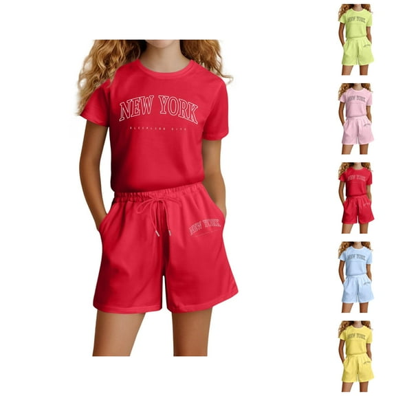 Girls' Fashion Girls' Clothing Sets Girls Fashion Letter Print Casual Loose Short Sleeve Suit(4 14 Ages)