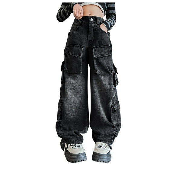 Girls' Fashion Girls Jeans Size 10 Girls Streetwear Denim Cargo Pants High Waist Floor Length Baggy Wide Leg Jeans with Multi Pockets Black 7-8 Years
