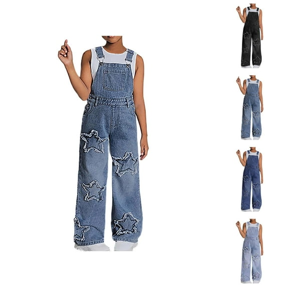 Girls Fashion Girls Pants Trendy Girls Denim Overalls With Star Casual Wide Leg Jumpsuit For Teen Girls Comfortable Summer Fall Outfit