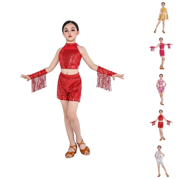 Girls' Fashion Girls Set Girls Dance Outfits Performance Sleeveless Top Shorts Fringe Set For Kids Toddler Age 3 12 Summer Elastic Playwear