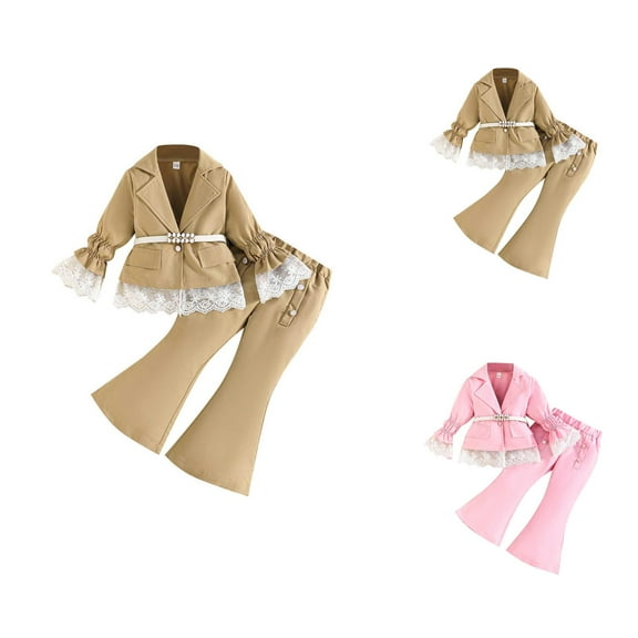 Girls' Fashion Girls Set Girls Outfits Set Long Sleeve Pants Suit With White Belt Floral Lace Casual Breathable Toddler Clothes For Daily Wear