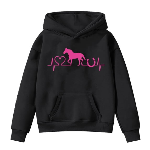 Girls' Fashion Hoodies Cozy Horse Print Loose Fit Hooded Long Sleeve Pullover Top with Pocket Outdoor Wear Sweatshirts for Girls Black 4 Years-5 Years