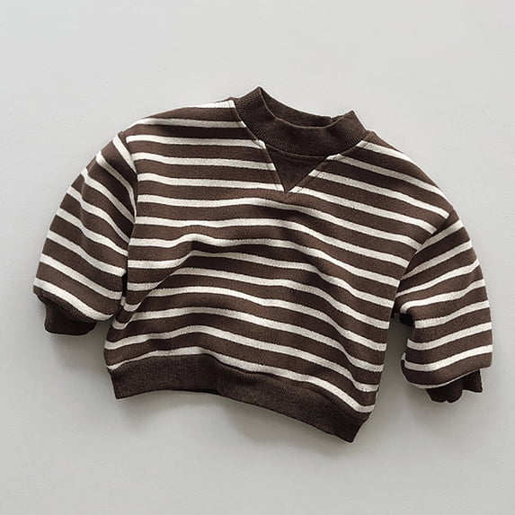 Girls' Fashion Hoodies Thick Cozy Striped Print Crewneck Long Sleeve Pullover Top Casual Wear Girls Sweatshirts Coffee 2 Years-3 Years