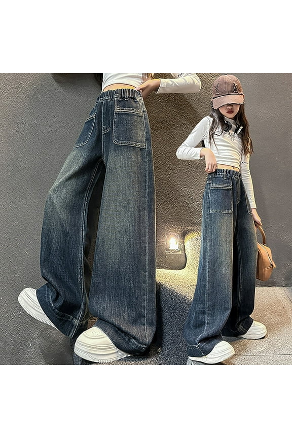 Girls'Fashion Jeans Denim Elastic Wasit Wide Leg High Waist Denim Pants for Teens Justice Girls Clothing