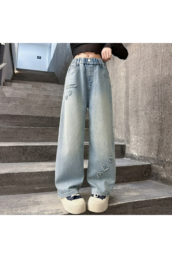 Girls'Fashion Jeans Denim Elastic Wasit Wide Leg Jean Denim Pants for Teens Justice Girls Clothing