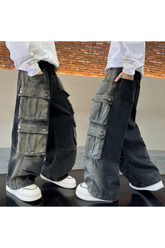 Girls'Fashion Jeans Elastic Waist Drawstring Wide Leg Denim Pants Casual Denim Pants with Pockets for Teen Girls 13-14 Years Jeans Boys