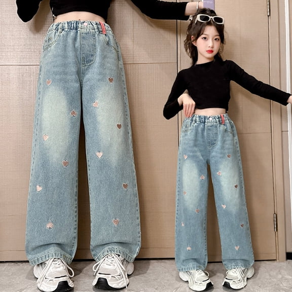 Girls'Fashion Jeans Elastic Waist Wide-Leg Palazzo Denim Pants Kids Baggy Jeans for Kids Girls