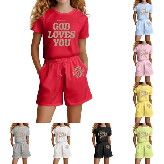 Girls Fashion Letter Print Casual Loose Short Sleeve Suit(4 14 Ages)