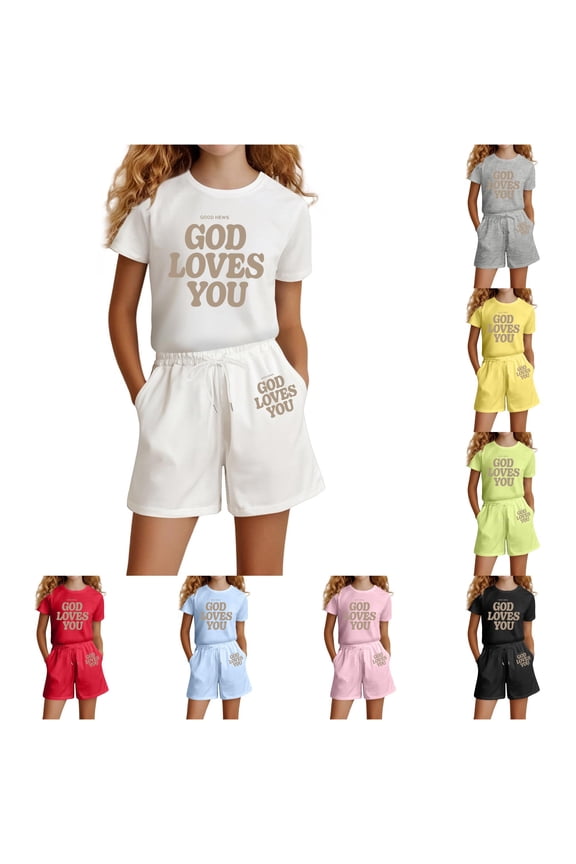 Girls Fashion Letter Print Casual Loose Short Sleeve Suit(4 14 Ages)