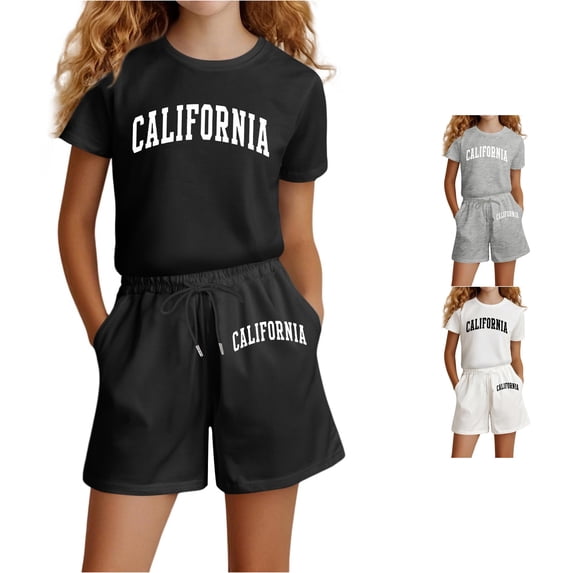 Girls Fashion Letter Print Casual Loose Short Sleeve Suit Clothes Set 13-14 Years