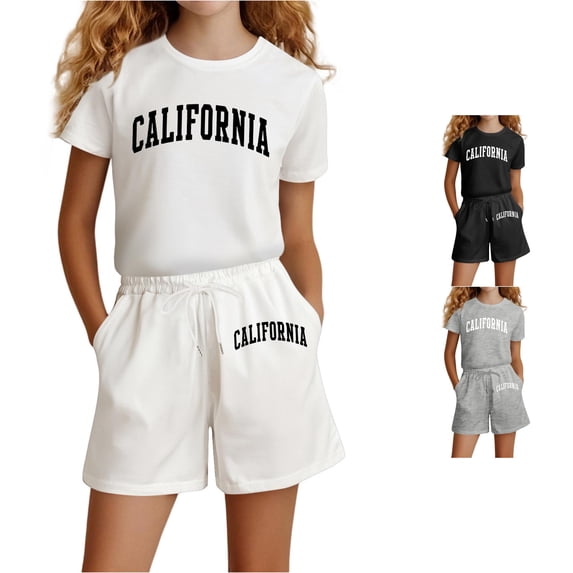 Girls Fashion Letter Print Casual Loose Short Sleeve Suit Clothes Set 4 Years