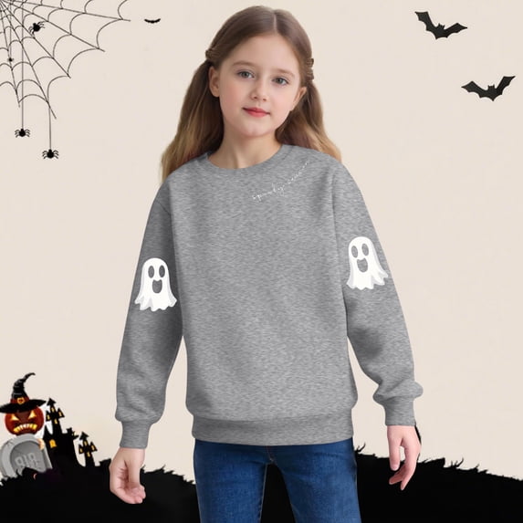 Girls Fashion Long Sleeve Blouse New Cute Spooky Sweatshirts Kids Halloween Crewneck Long Sleeve Ghost Printed Pullover Tops for Girls Boys Gray 4 Y